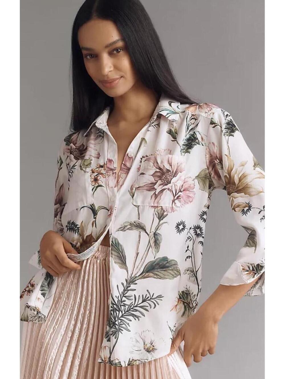 NWOT Satin Anthropologie Relaxed Fit Floral Button Down Top XL